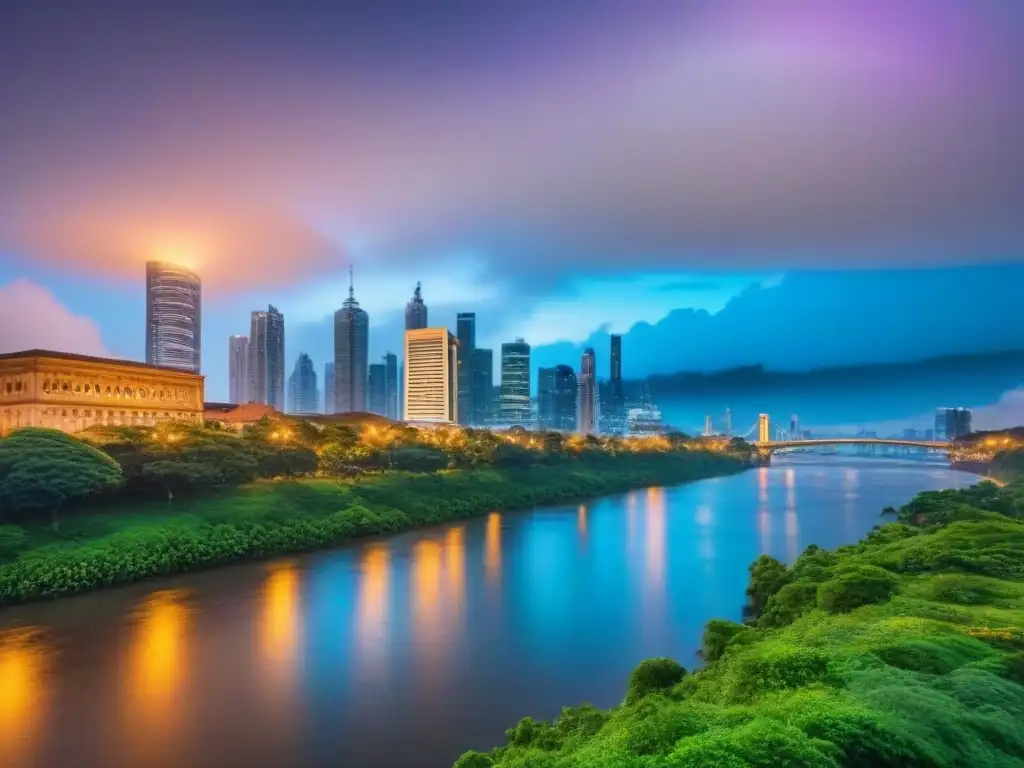 Horizonte urbano iluminado: modernidad y naturaleza en armonía Deslumbrante ciudad al anochecer reflejada en un río, símbolo de crecimiento y prosperidad en un centro urbano en desarrollo