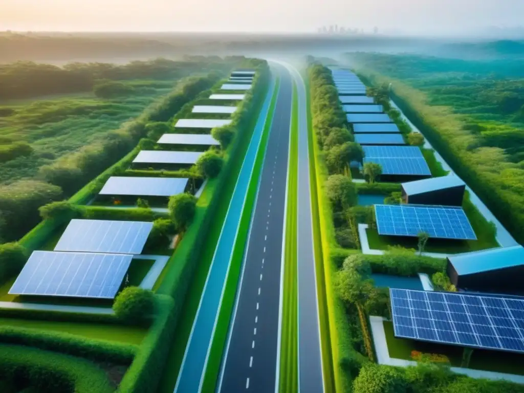 Proyecto inmobiliario sostenible: modernidad entre naturaleza Deslumbrante proyecto inmobiliario sostenible con edificios modernos rodeados de vegetación, paneles solares y ciclovías