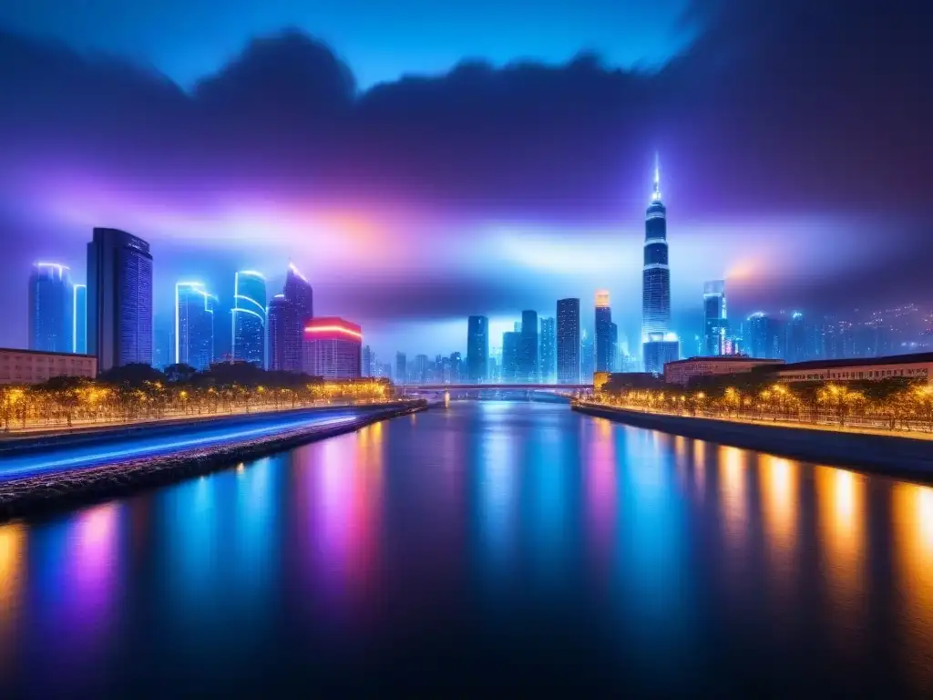 Deslumbrante skyline nocturno futurista con rascacielos brillantes y luces neón, reflejándose en un río tranquilo