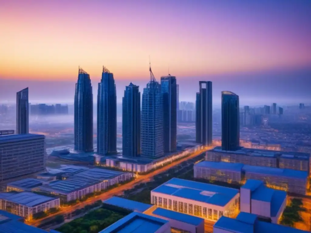 Horizonte urbano futurista al atardecer: progreso y desarrollo urbano Deslumbrante skyline urbano al atardecer, reflejando el impacto de políticas de vivienda en la demanda inmobiliaria