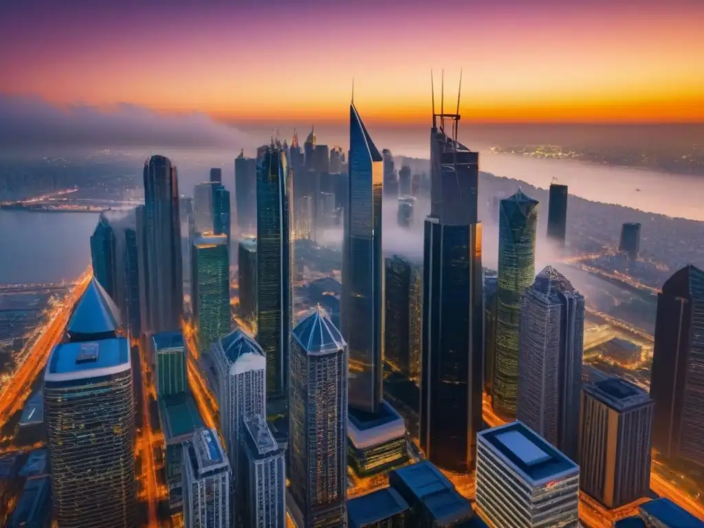 Horizonte urbano al atardecer: inversión segura en bienes raíces Deslumbrante vista aérea de la ciudad al atardecer, con rascacielos modernos y edificios residenciales con fachadas de vidrio reflectante