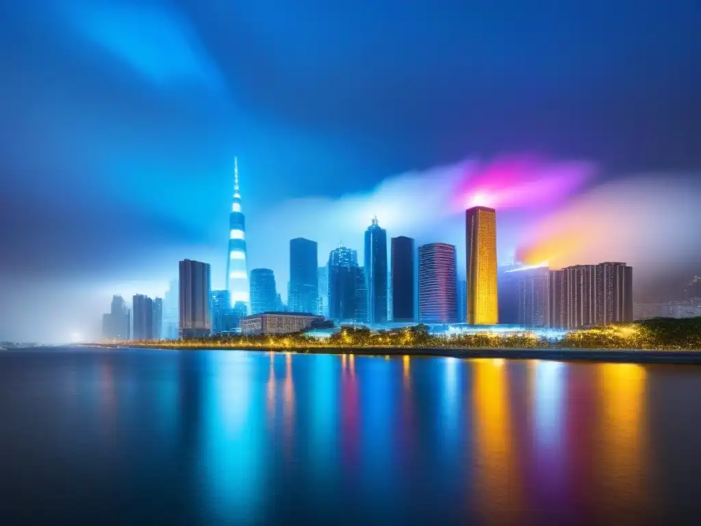 Luces de la ciudad: reflejos de segregación urbana Deslumbrantes rascacielos iluminados reflejados en un río, simbolizando el impacto del desarrollo urbano y la segregación socioeconómica