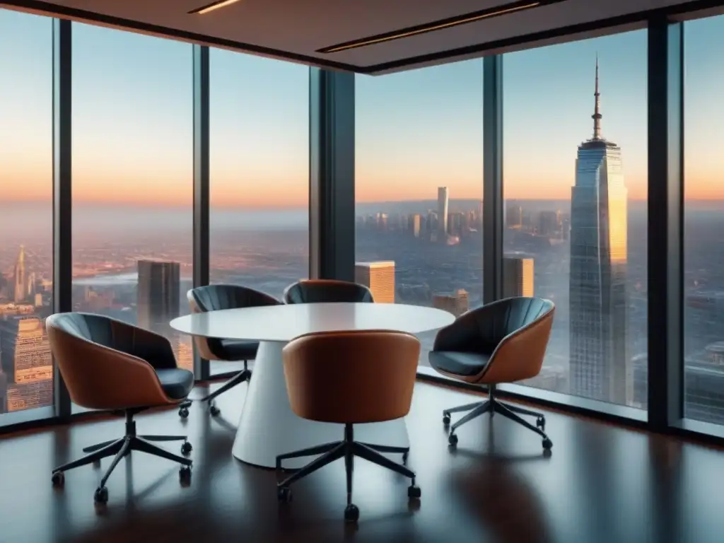 Oficina de abogados moderna y sofisticada en la ciudad Un despacho de abogados moderno y elegante con vista a la ciudad, equipo diverso discutiendo transacciones inmobiliarias
