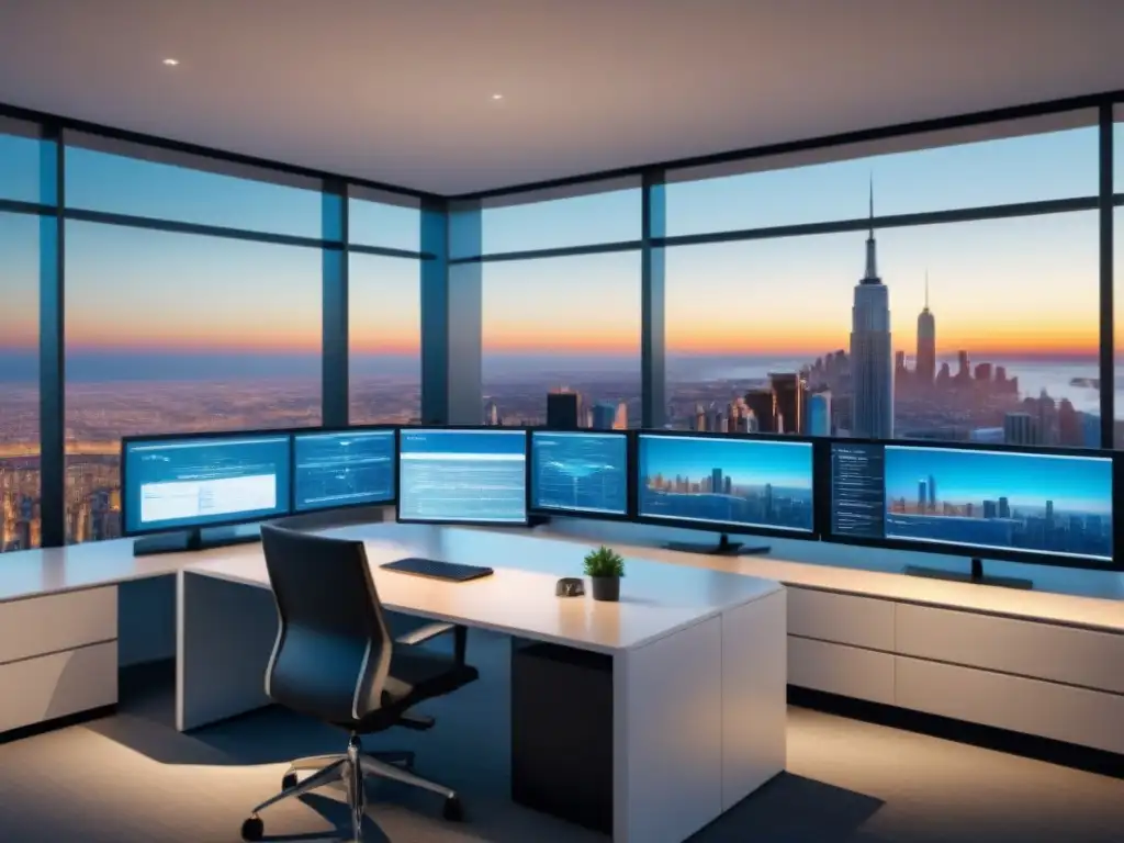 Un despacho futurista con tecnología de punta y diseño elegante, representando la Integración de Inteligencia Artificial en tasaciones inmobiliarias