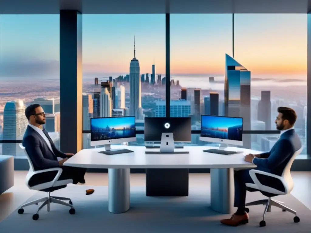 Oficina inmobiliaria futurista: diseño minimalista y tecnología de vanguardia Un despacho inmobiliario futurista con diseño minimalista y tecnología avanzada, estrategias de marketing contenidos sector inmobiliario