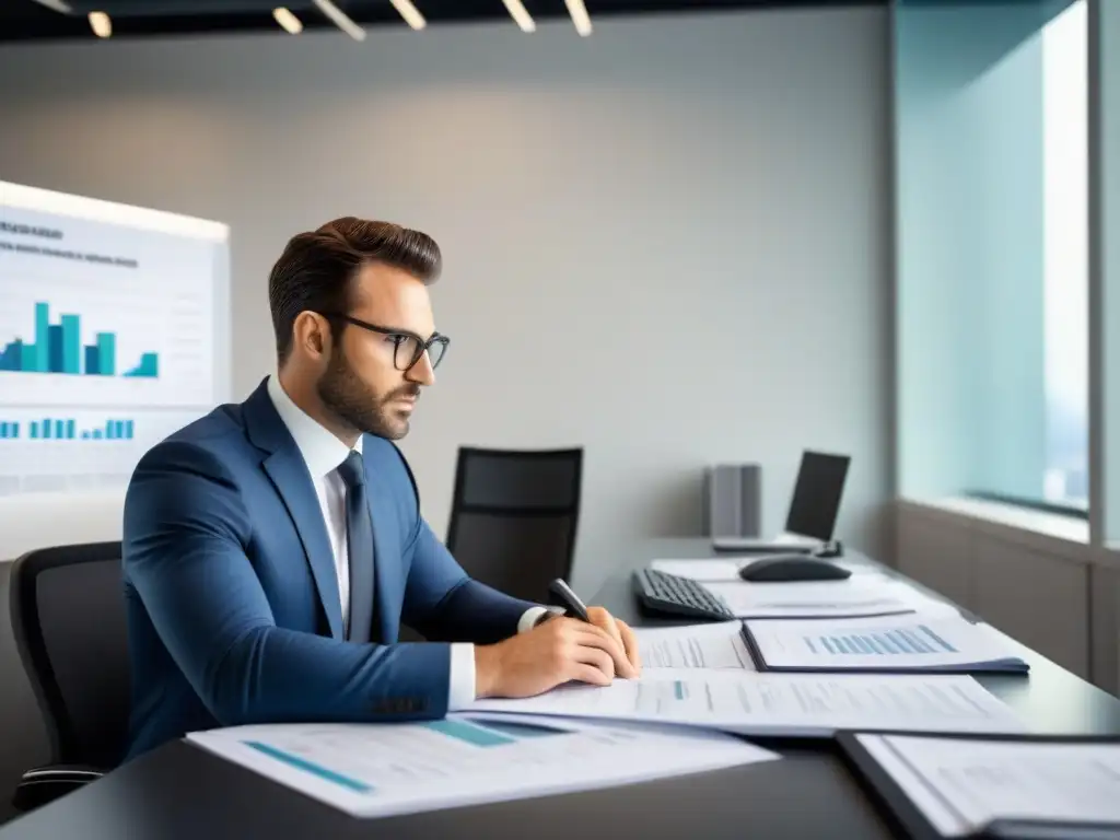 Oficina moderna: estrategias de minimización de impuestos Un despacho moderno con un profesional planificando estrategias de fiscalidad ganancias capital bienes raíces