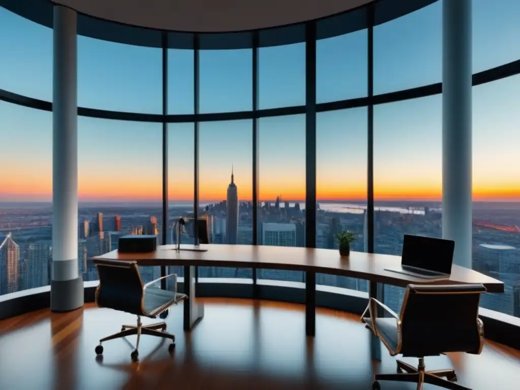 Oficina moderna con vista a la ciudad: éxito financiero internacional Un despacho moderno con vista a la ciudad, enfocado en consultoría fiscal y protección de inversiones inmobiliarias