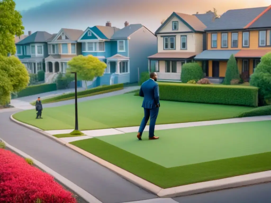 Ilustración detallada de conflicto en vecindario por límite de propiedad, con mediador