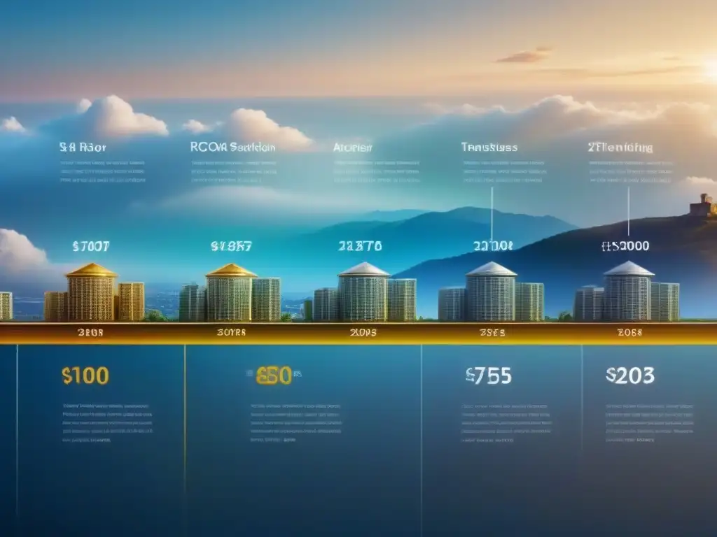 Evolución financiera inmobiliaria: de la antigüedad a la era digital Detallada historia financiamiento inmobiliario evolución desde la antigüedad hasta lo digital, con iconos simbólicos
