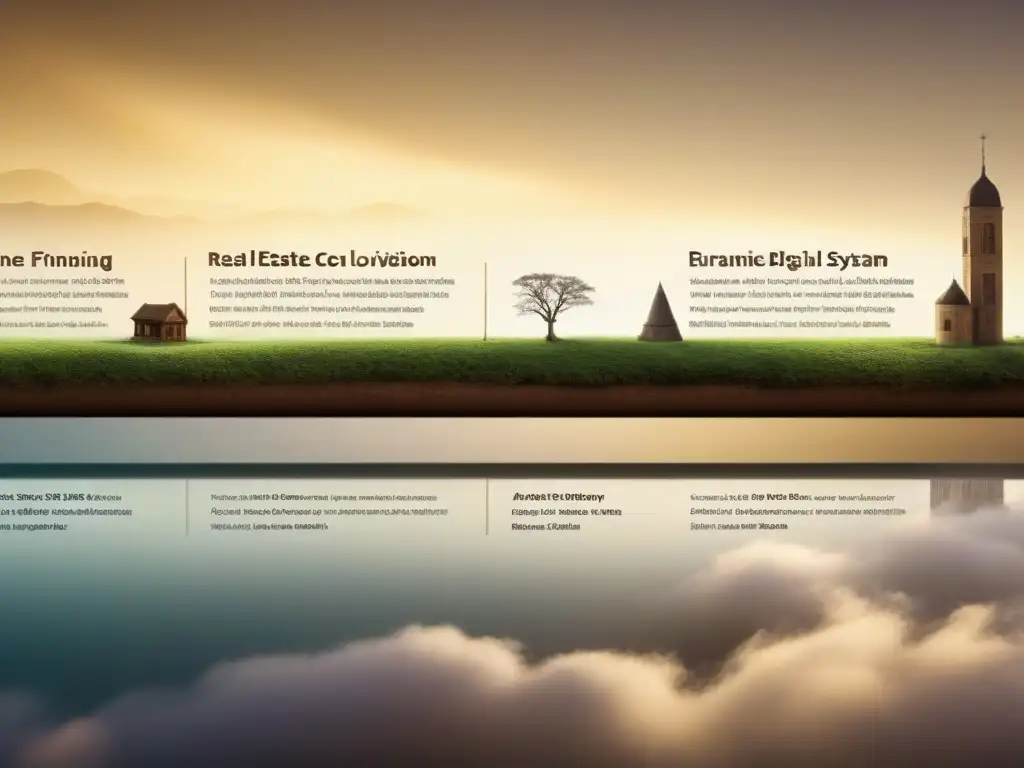 Evolución financiera inmobiliaria: de trueque a digital Ilustración detallada en 8k de la evolución de la historia del financiamiento inmobiliario a lo largo del tiempo, desde sistemas de trueque antiguos hasta transacciones digitales modernas