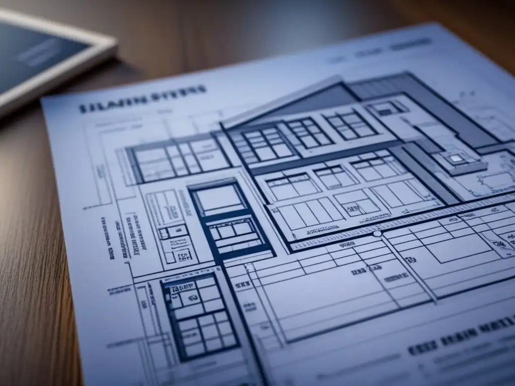 Planificación meticulosa: diseño moderno de renovación en blueprint 8k Una detallada imagen de un plano arquitectónico moderno y elegante para proteger el financiamiento en renovación de propiedades