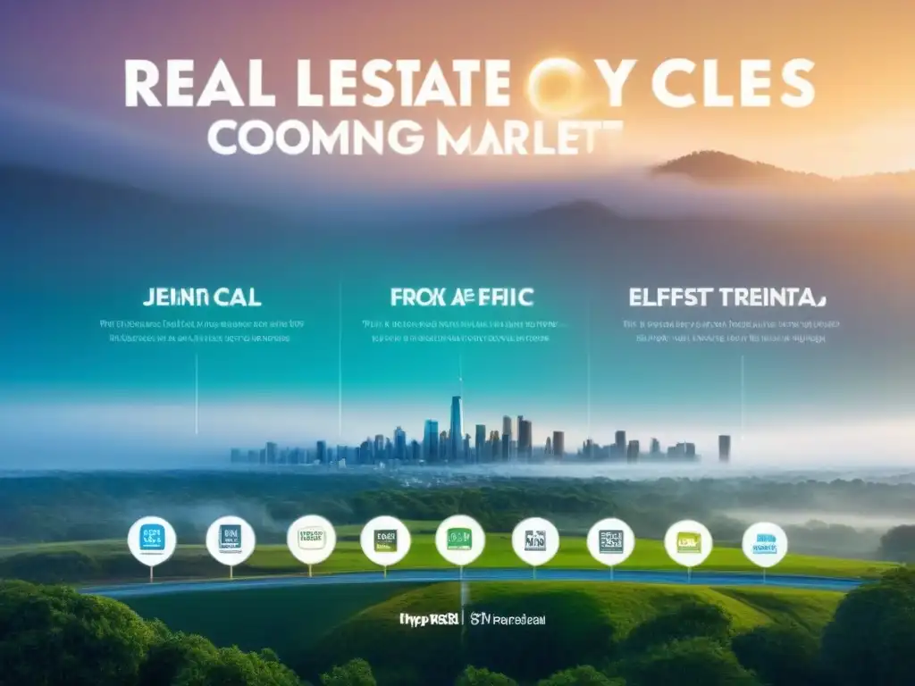 Infografía detallada: Ciclos del mercado inmobiliario con estrategias clave Infografía detallada y moderna sobre ciclos del mercado inmobiliario con estrategias de inversión destacadas en cada fase