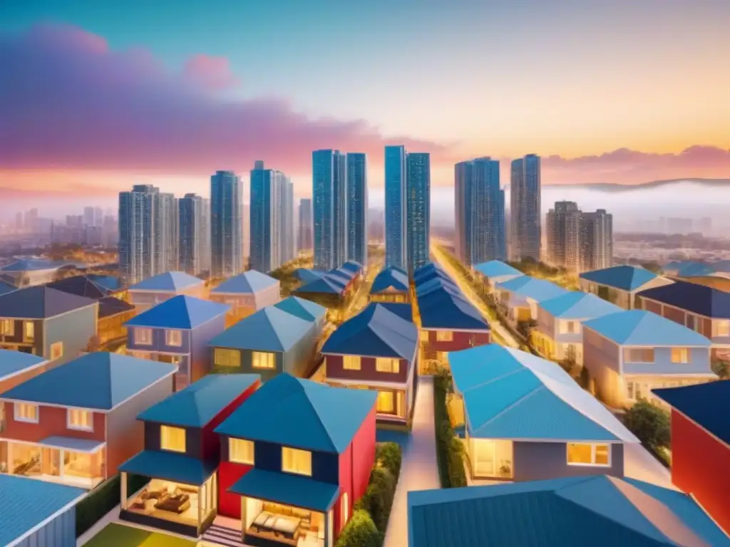 Mercado inmobiliario dinámico: inversión y diversidad Ilustración detallada y moderna del mercado inmobiliario, con diversidad de propiedades y personas discutiendo estrategias de inversión