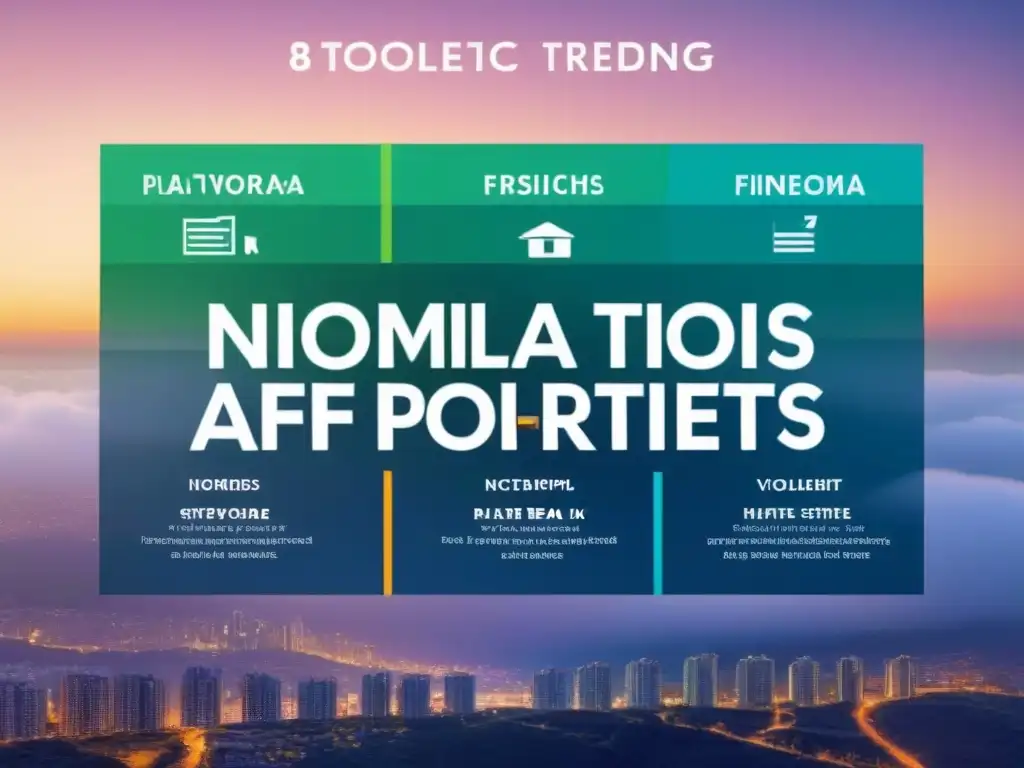 Infografía inmobiliaria: estrategias afiliados y SEO Infografía detallada de propiedades inmobiliarias interconectadas con colores vibrantes y datos de marketing de afiliados
