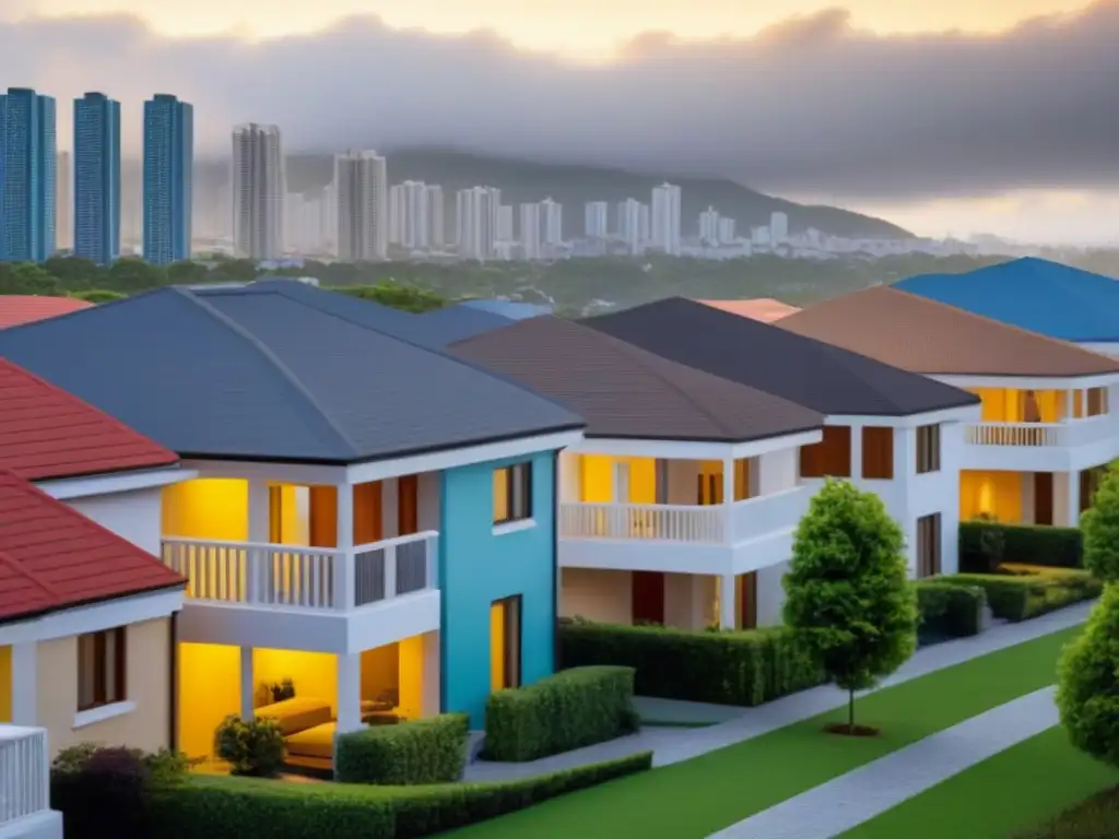 Guía de Seguros para Propiedades: Deductibles Claros y Detallados Ilustración detallada de propiedades residenciales con opciones de seguros y deducibles seguros propiedad inmobiliaria