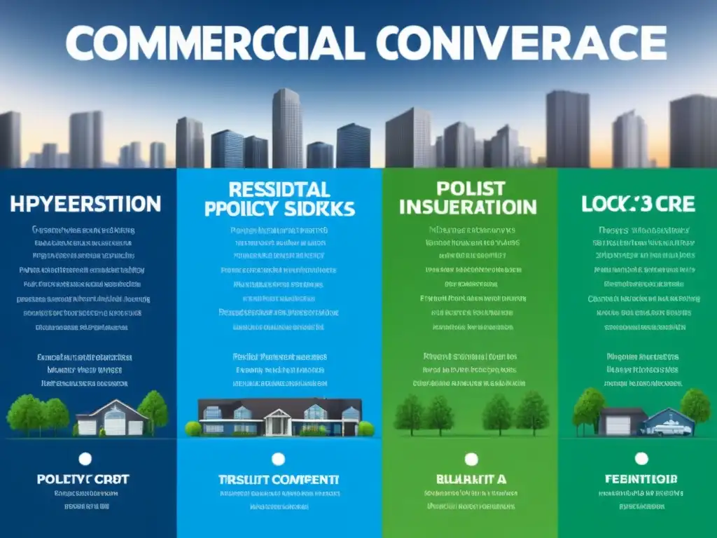 Comparativa detallada: Seguro de propiedad comercial vs Comparación detallada entre seguros de propiedad comercial y residencial con ilustraciones de edificios y casas, destacando diferencias en cobertura