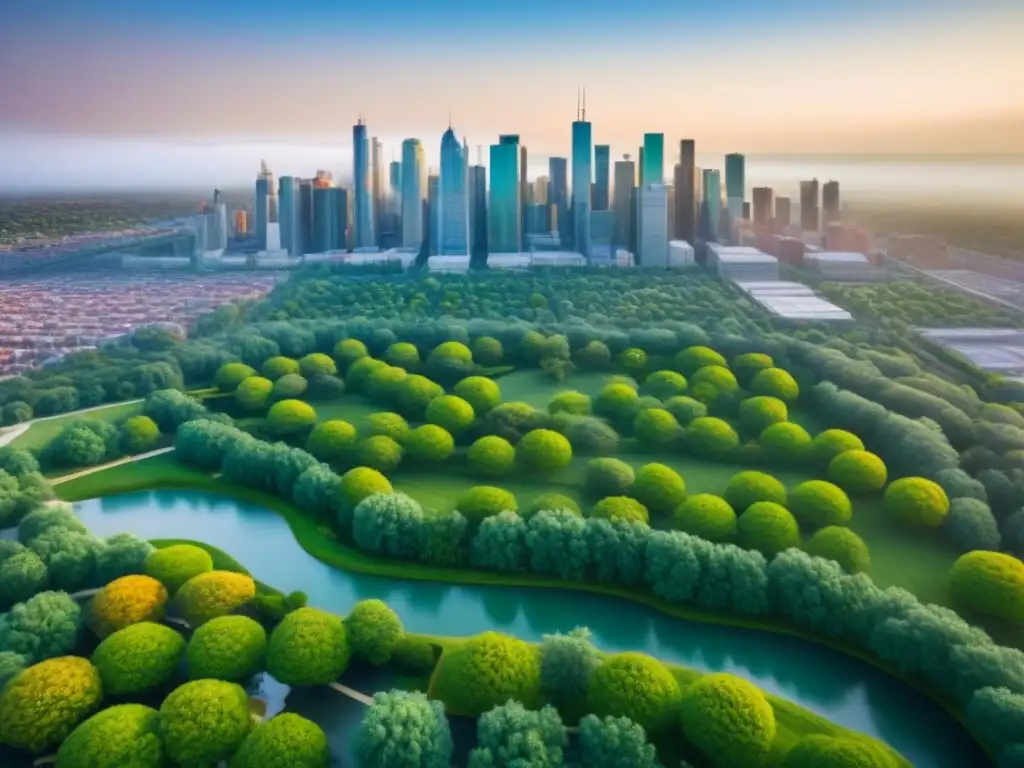 Detalles de Zonificación Urbana: Ciudad Multicolor Ilustración detallada de un skyline urbano con zonificaciones claras, mostrando áreas residenciales, comerciales, industriales y espacios verdes
