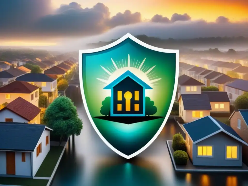 Vecindario seguro: protección ante desastres naturales Ilustración detallada de un vecindario protegido por un escudo brillante, representando seguros de propiedad contra desastres