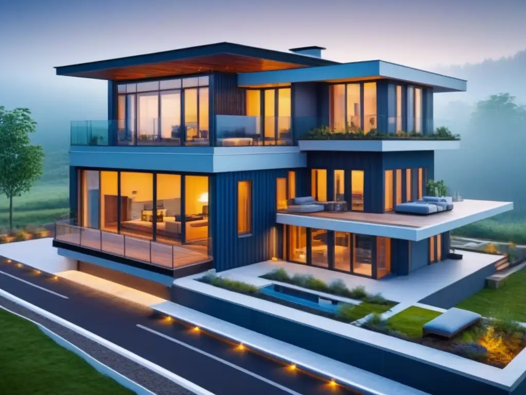 Diseño arquitectónico sostenible: innovación verde en azul y tierra Detallado diseño sostenible con tecnologías verdes como paneles solares y techos verdes