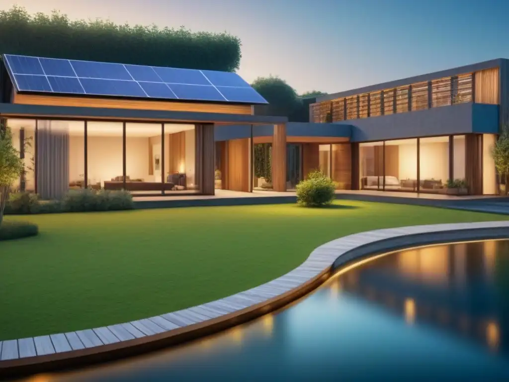 Planos arquitectónicos detallados de edificio residencial sustentable Detallado plano arquitectónico de edificio residencial sustentable con espacios verdes y paneles solares