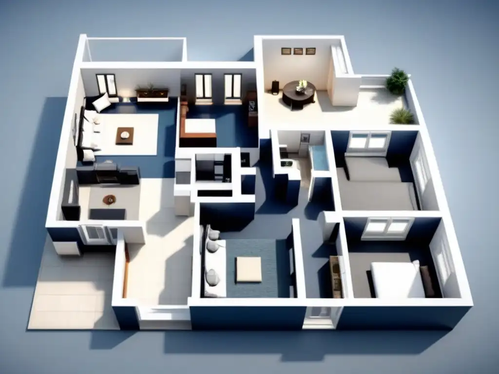 Diseño detallado de plano arquitectónico de lujo en tonos grises y azules Detallado plano arquitectónico de lujo en tonos grises, blancos y azules