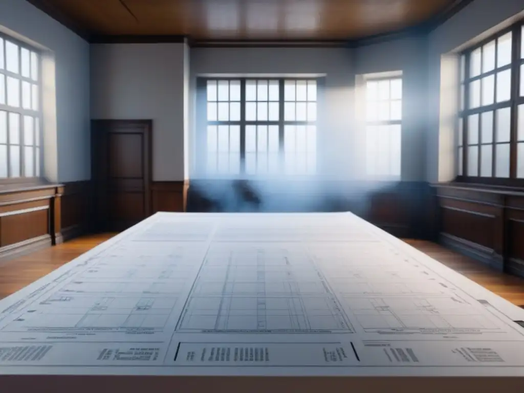 Blueprint de restauración: fusión de modernidad y herencia Detallado plano arquitectónico de restauración con elementos contemporáneos y estética histórica en mesa blanca