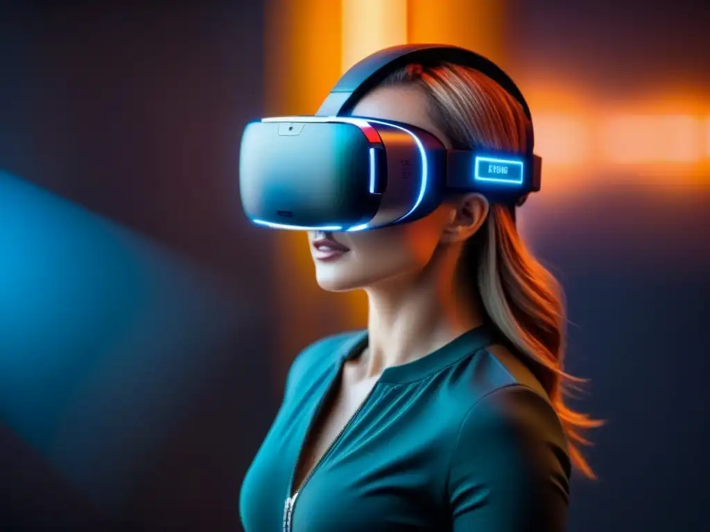 Headset de Realidad Virtual Futurista con Tour de Propiedades Virtuales Detalle futurista de auriculares realidad virtual con circuitos y luces neón, en tours inmobiliarios
