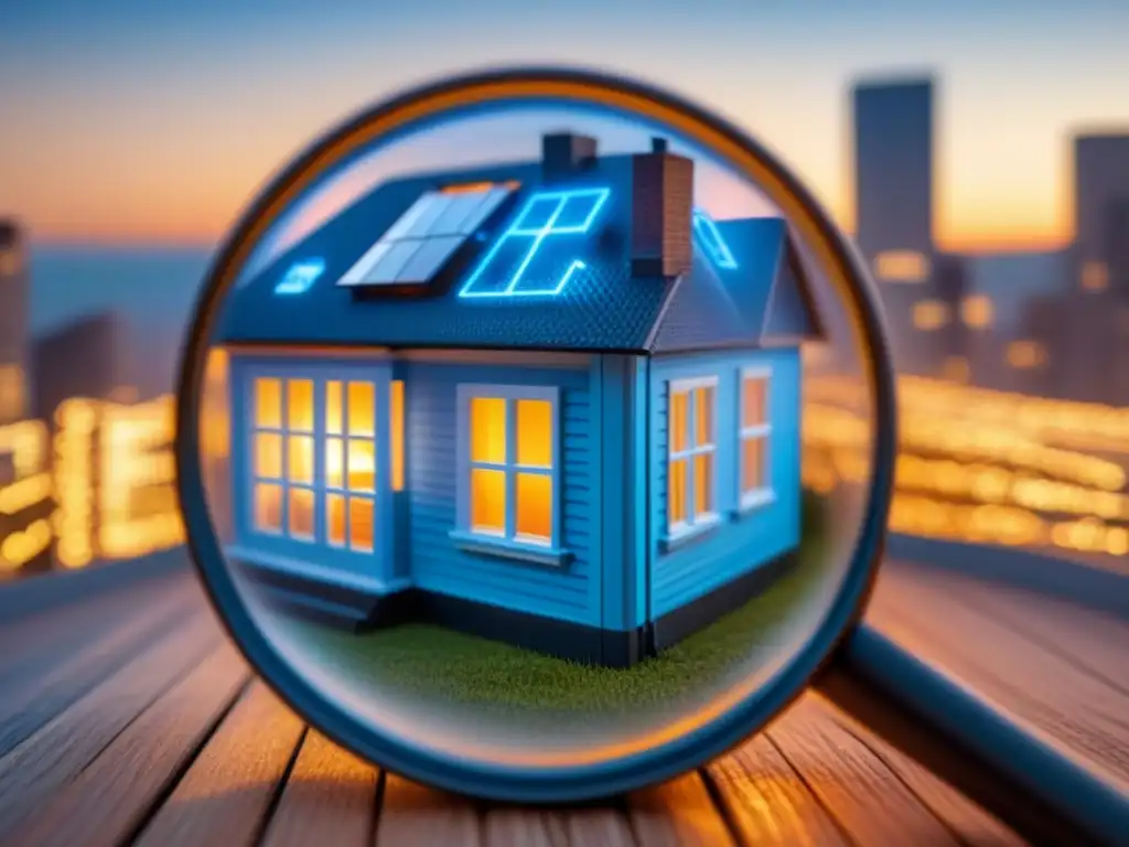 Detalle moderno: casa transparente con red luminosa y gráfico de tasas de interés, préstamo inmobiliario