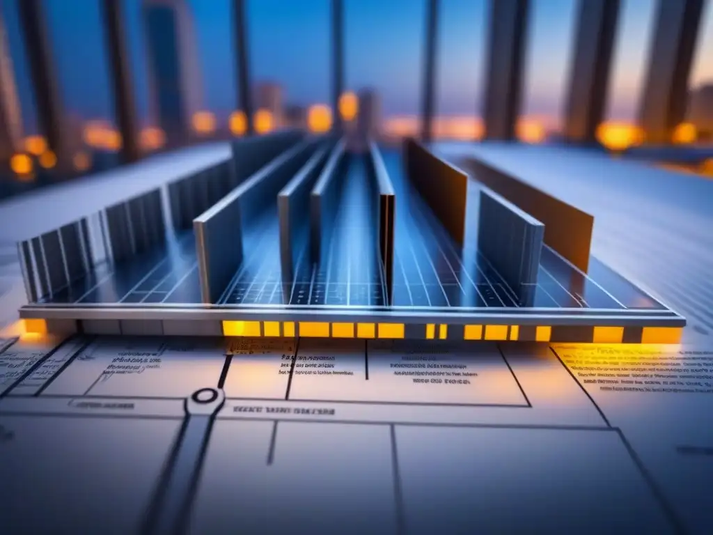 Blueprint de rascacielos moderno en construcción Detalle de un plano arquitectónico de un rascacielos en construcción, resaltando normativa construcción desarrollador inmobiliario