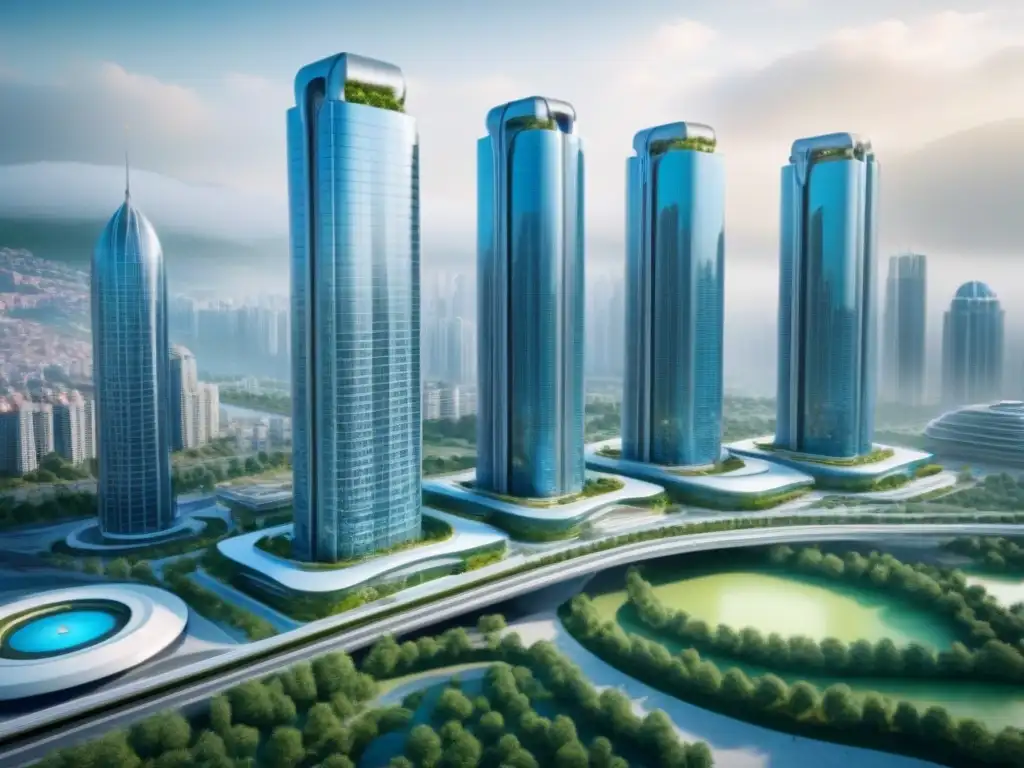 Plan arquitectónico integrado de alta tecnología en 8k Detalle ultrapreciso de un complejo inmobiliario integrado, resaltando la innovadora integración de servicios en proyectos urbanos
