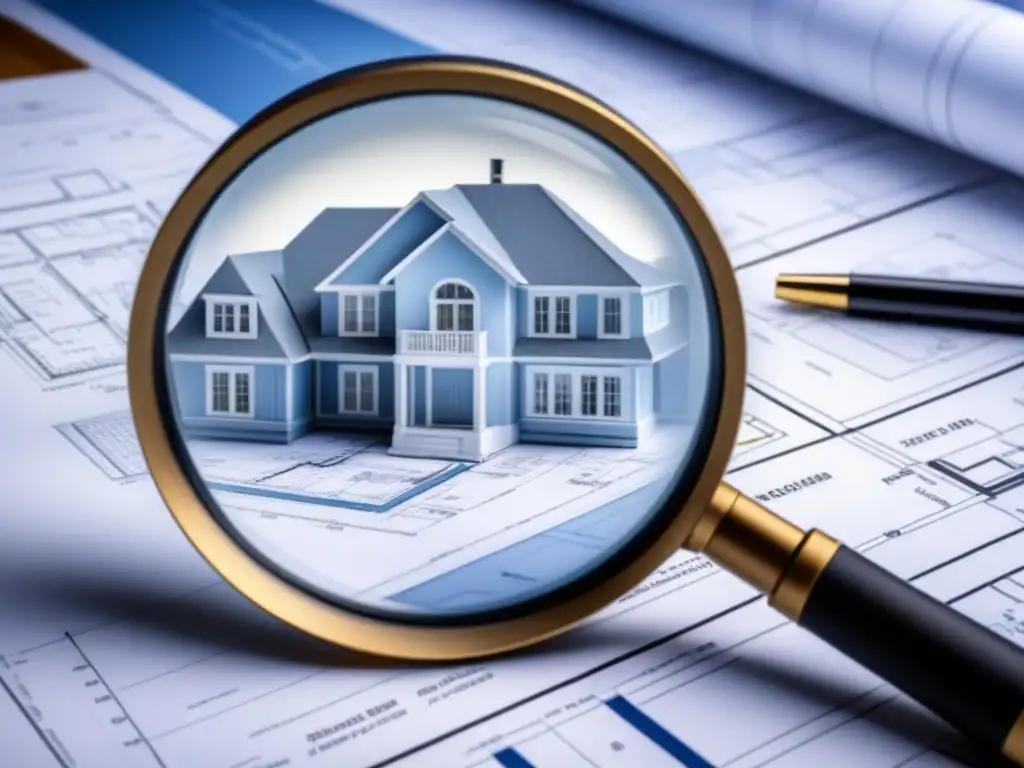 Detalles arquitectónicos: lupa sobre plano de casa y tablet Detalles arquitectónicos de blueprint en mesa moderna con lupa y tablet de mercado inmobiliario