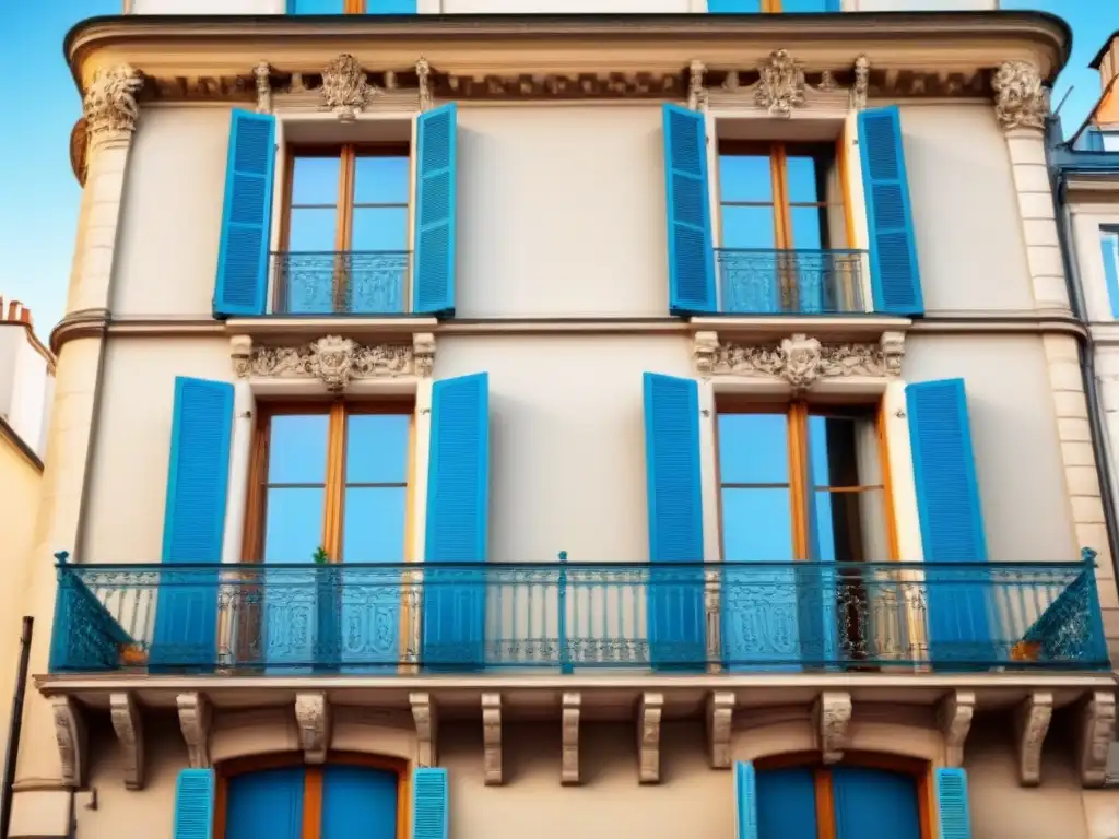 Detalles arquitectónicos de París: balcones y ventanas elegantes Detalles arquitectónicos de edificio histórico parisino con balcones, ventanas y diseño francés, bajo cielo azul