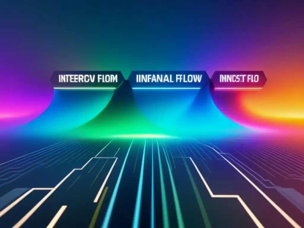 Visualización futurista de flujo financiero interconectado Un diagrama financiero futurista con vibrantes colores, mostrando un flujo de dinero interconectado