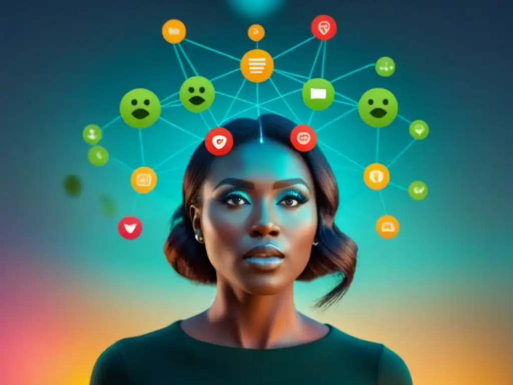 Red emocional: influencia en decisiones de compra Diagrama de red neural con íconos emocionales vibrantes, mostrando la importancia de emociones en decisiones de compra