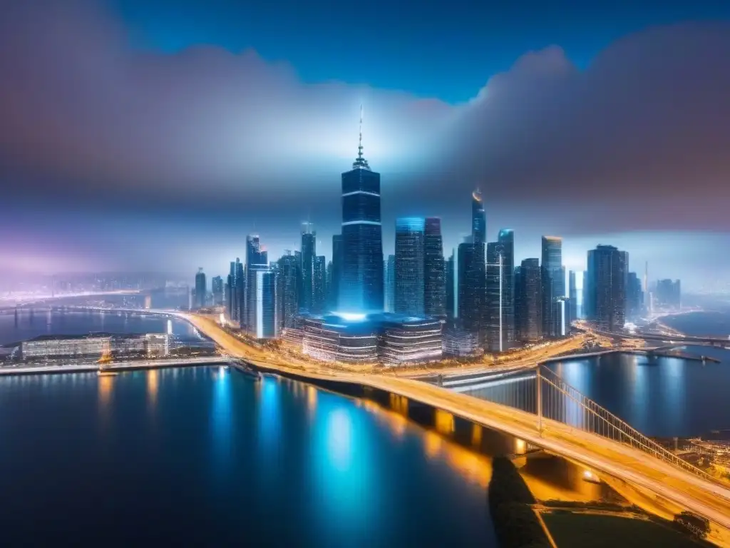 Transacciones financieras encriptadas en mercado inmobiliario futurista Visualización digital futurista de nodos encriptados en transacciones financieras inmobiliarias, con patrones algorítmicos y arquitectura tecnológica