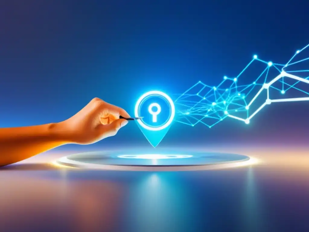 Red de seguros interconectados: estrategias de marketing futuristas Una ilustración digital futurista que muestra una red de iconos de seguros interconectados en un espacio virtual, con flujos de datos entre ellos