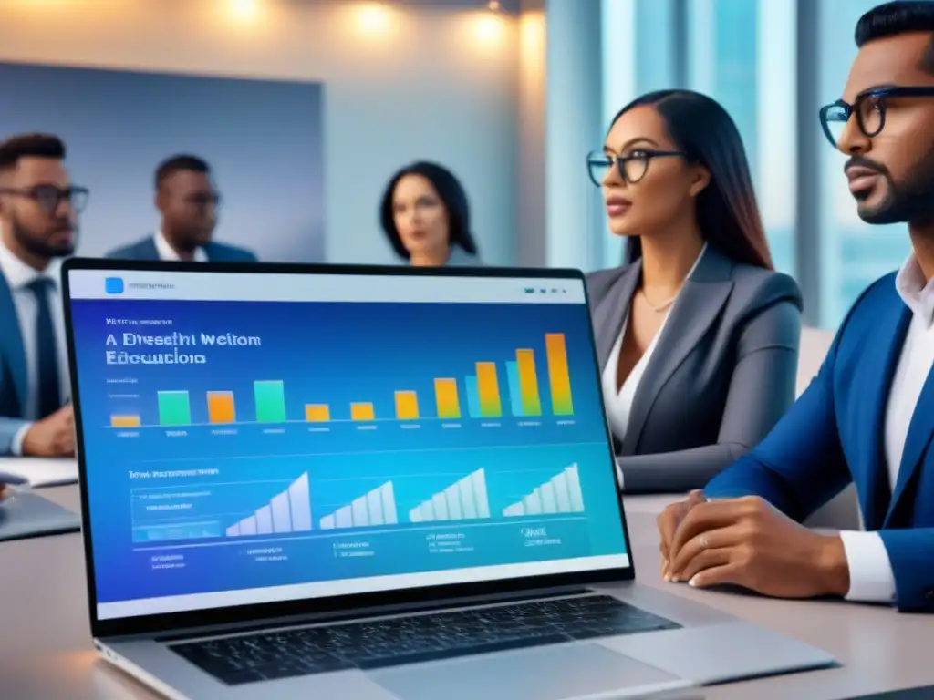 Microaprendizaje en Bienes Raíces: Innovación y Colaboración Una ilustración digital moderna y elegante de educación financiera inmobiliaria microlearning en un entorno futurista con profesionales diversos participando activamente en una sesión colaborativa