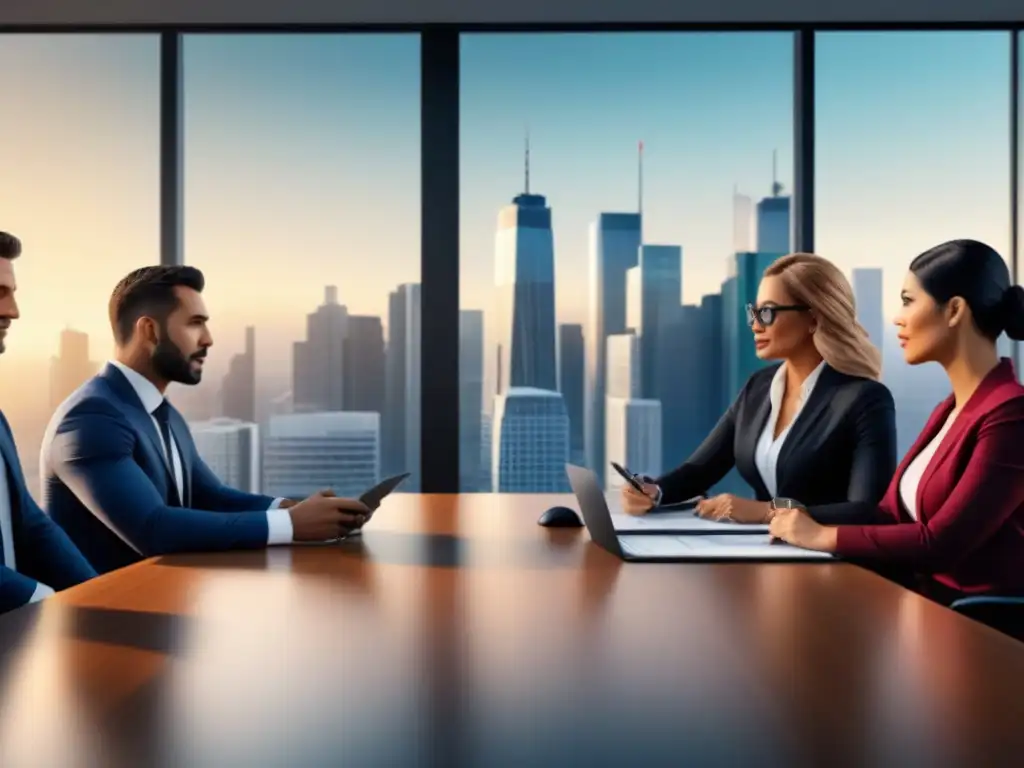 Equipo profesional valora propiedad en oficina moderna Una ilustración digital moderna de profesionales diversos discutiendo un avalúo inmobiliario en una oficina con vista a la ciudad