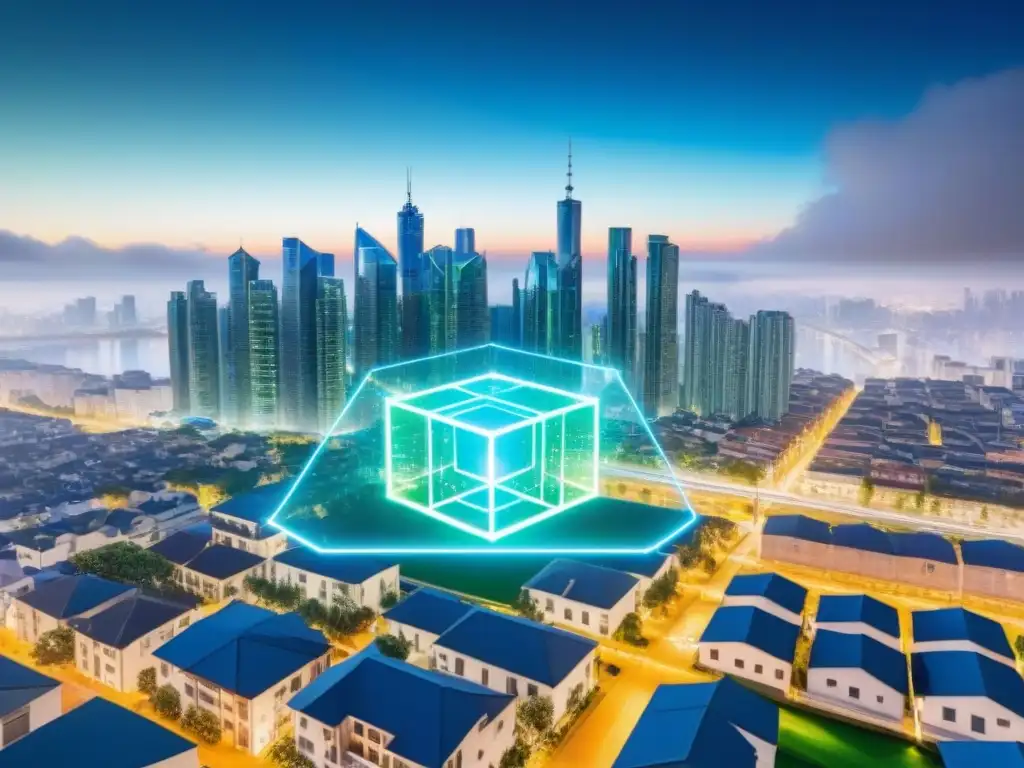Blockchain inmobiliario: Red transparente de innovación Ilustración digital moderna: red de blockchain integrada en una ciudad de bienes raíces