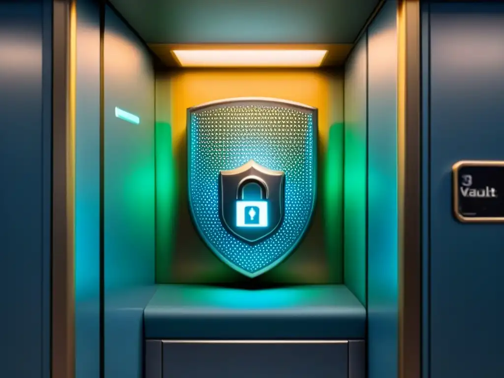 Vault virtual seguro para financiamiento inmobiliario Ilustración digital segura de bóveda virtual con patrones de encriptación, escudos y candados, evocando protección en financiamiento inmobiliario