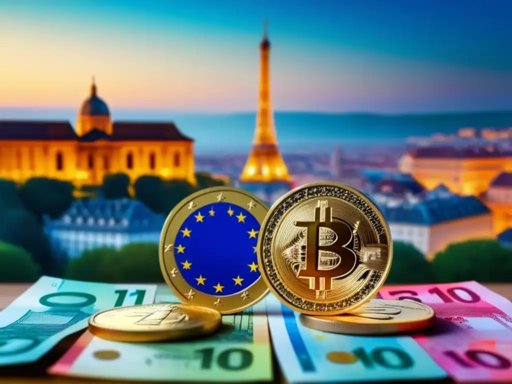 Comparativa de monedas: Euros vs Una ilustración digital vibrante y moderna compara monedas para préstamo inmobiliario en Europa, Euro vs