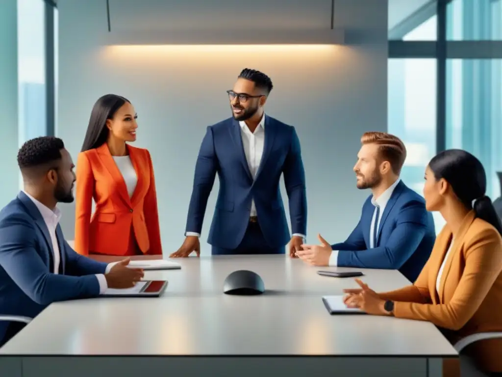 Negociación multicultural: diversidad en la mesa de reuniones Una ilustración digital vibrante y moderna de profesionales diversos negociando en una oficina contemporánea