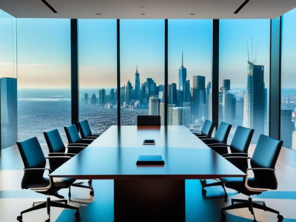 Salón de juntas de lujo con vista a la ciudad: integración financiera en inversiones inmobiliarias Reunión dinámica en lujosa sala de juntas moderna, con vista a la ciudad y profesionales debatiendo, integrando servicios financieros en inversiones