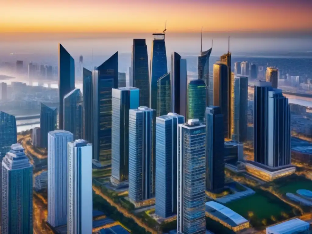 Horizonte urbano moderno: diversidad arquitectónica en la ciudad Dinámica mercado inmobiliario regional: ciudad moderna con rascacielos de diversos estilos bajo la cálida luz del atardecer