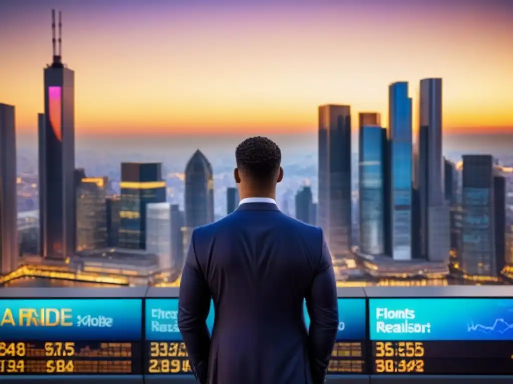 Horizonte urbano: ciudad moderna y dinámica en 2023 Un dinámico distrito financiero al atardecer con rascacielos y pantallas digitales mostrando datos económicos