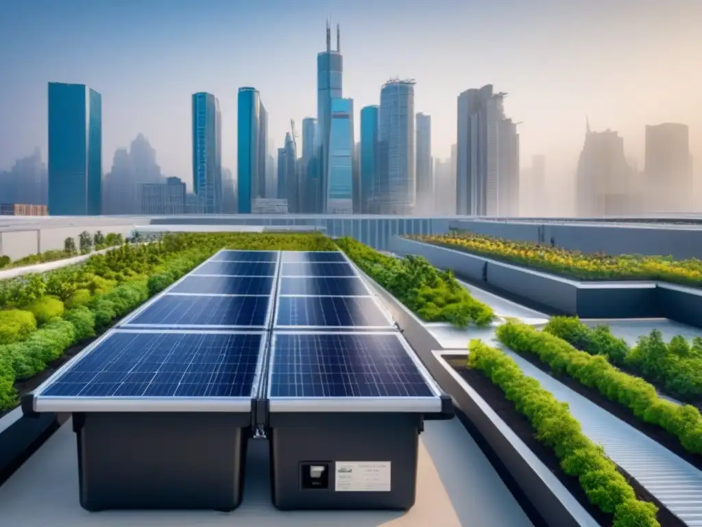 Edificio sostenible del futuro en ciudad verde Un diseño arquitectónico futurista con un edificio sostenible y jardín en la azotea