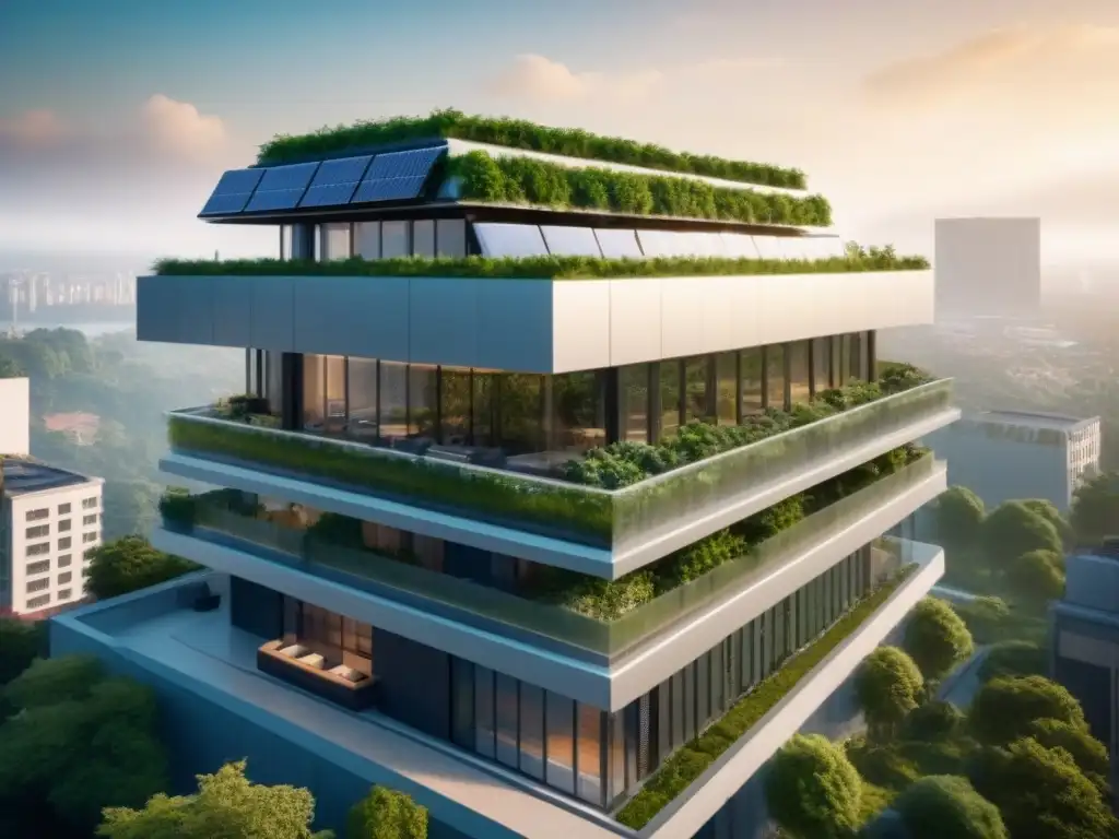 Edificio sostenible del futuro en ciudad verde Un diseño arquitectónico futurista que muestra un edificio sostenible con vegetación, paneles solares y eficiencia energética