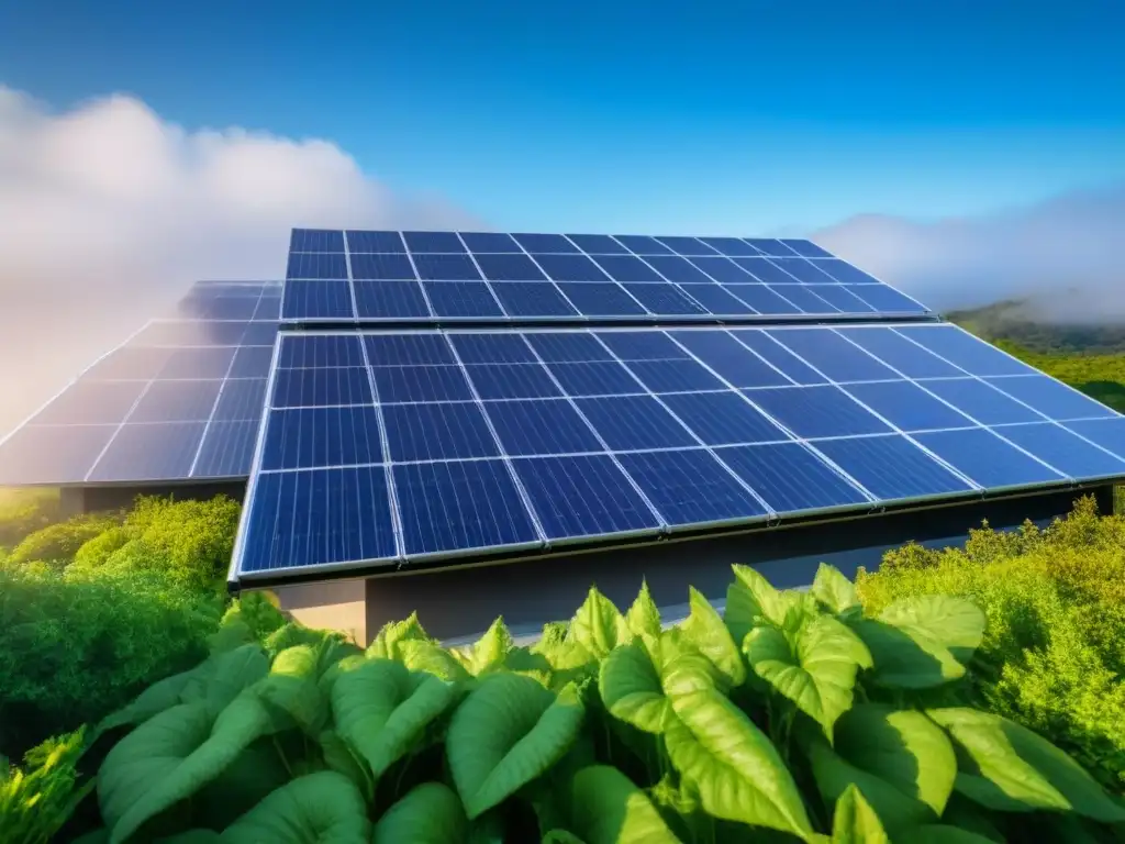 Arquitectura sostenible: fusión perfecta de naturaleza e innovación Un diseño arquitectónico moderno impresionante de un edificio sostenible con paneles solares en el techo, rodeado de exuberante vegetación y cielos azules, mostrando una fusión perfecta de naturaleza e innovación