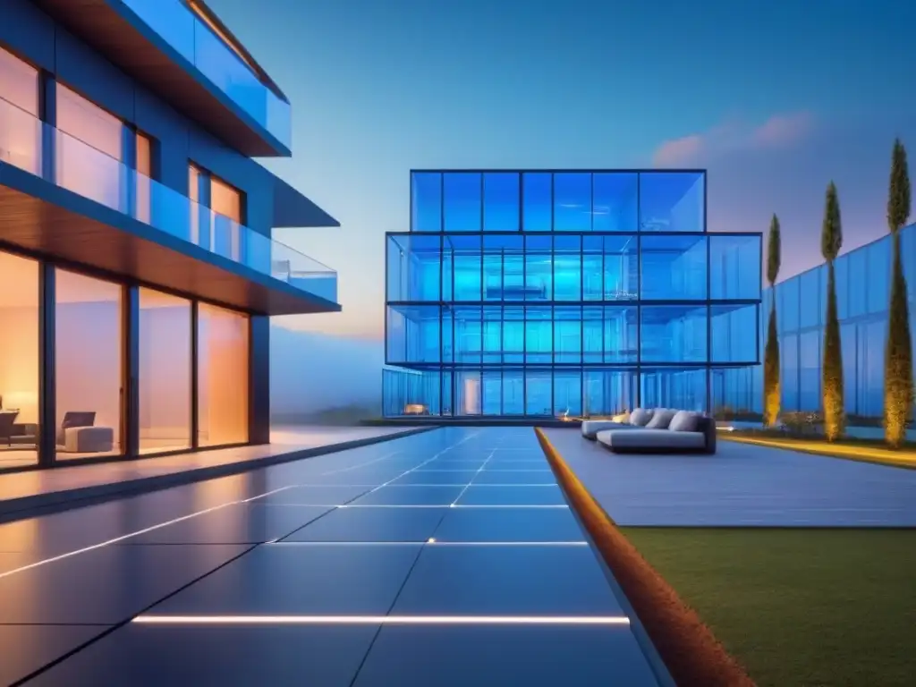 Blueprint inteligente: Contratos inteligentes en bienes raíces Diseño arquitectónico moderno con sistemas integrados y eficientes, representando la integración de contratos inteligentes en inmobiliaria