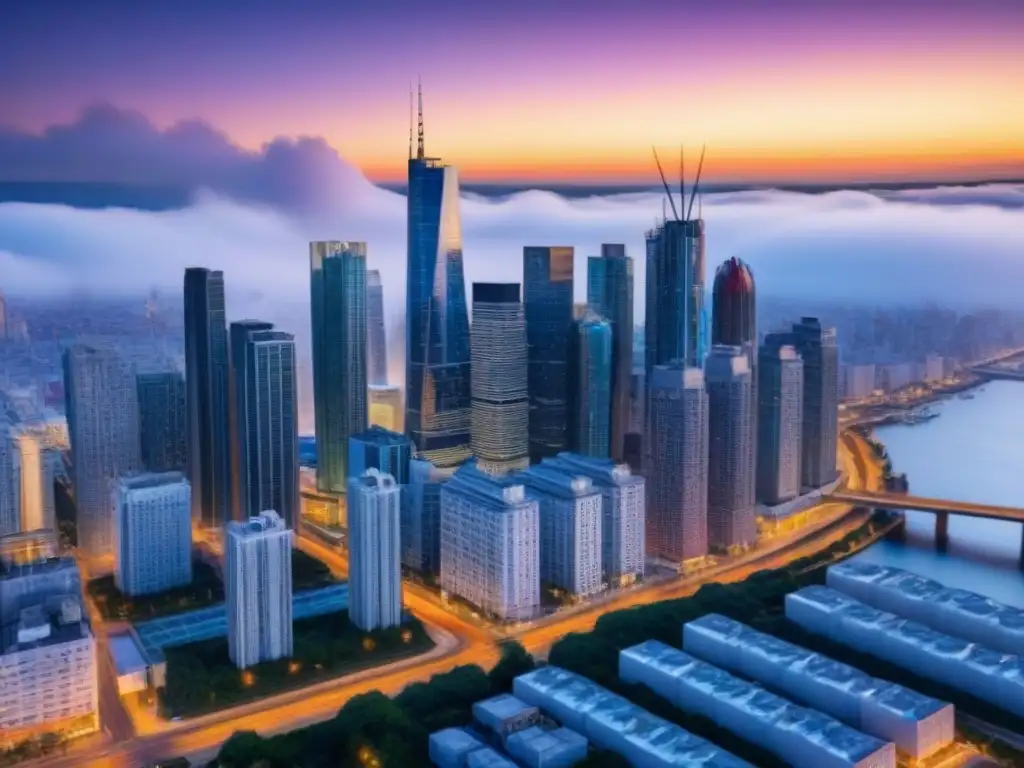 Detalles urbanísticos: diseño arquitectónico moderno de una ciudad Diseño arquitectónico moderno de skyline urbano con detalles intrincados siguiendo normativa local para proyectos inmobiliarios